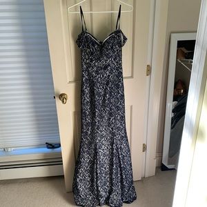 Navy and silver floral prom dress